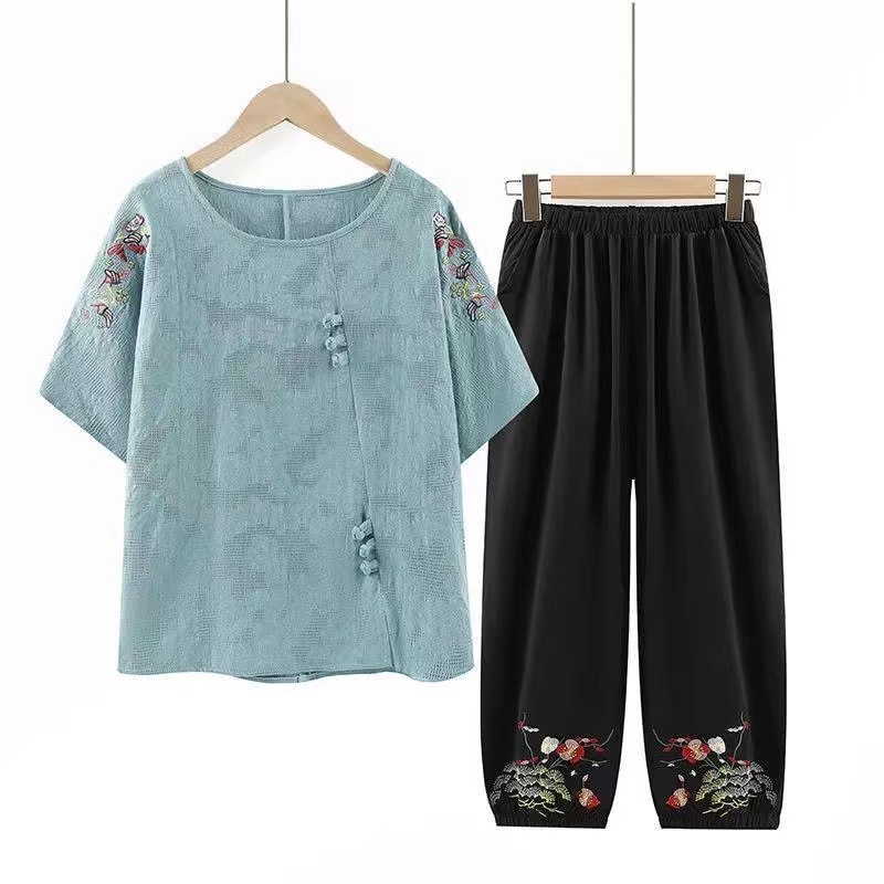 Middle-Aged Elderly Women's Clothing Grandma Suit Short-Sleeved Pure Cotton Linen Old Lady 60-70 Years Mother Clothes 10.24