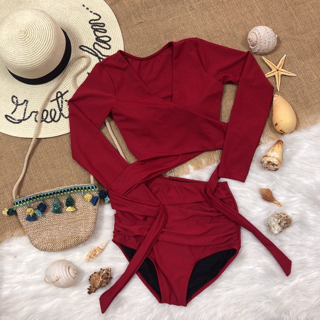 Beach Bikini Swimwear 2 Pieces Red Female Swimwear Long Sleeve Shirt ...