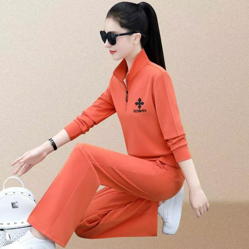 Sports Suit Women Stand Collar Wide Leg Straight Pants Casual Long Sleeve Fashion New Two-piece Set