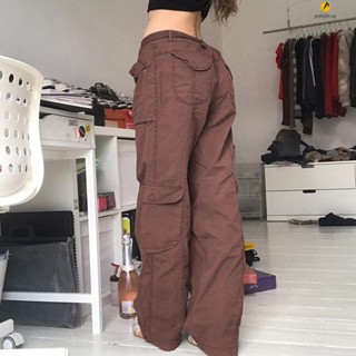 Light Brown Big Pockets Casual Cargo Pants Women Low Waist Wide