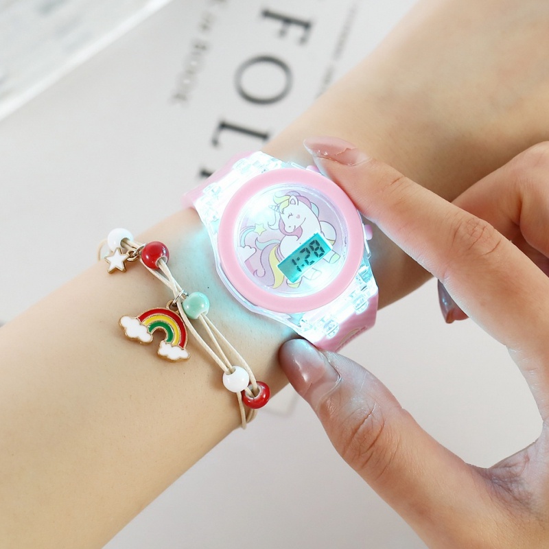 2pcs/set Children Cartoon Unicorn Luminous Watch For Girls Kids Rainbow Pendant Bracelet Watch Set Silicone Electronic Watch Baby Gifts