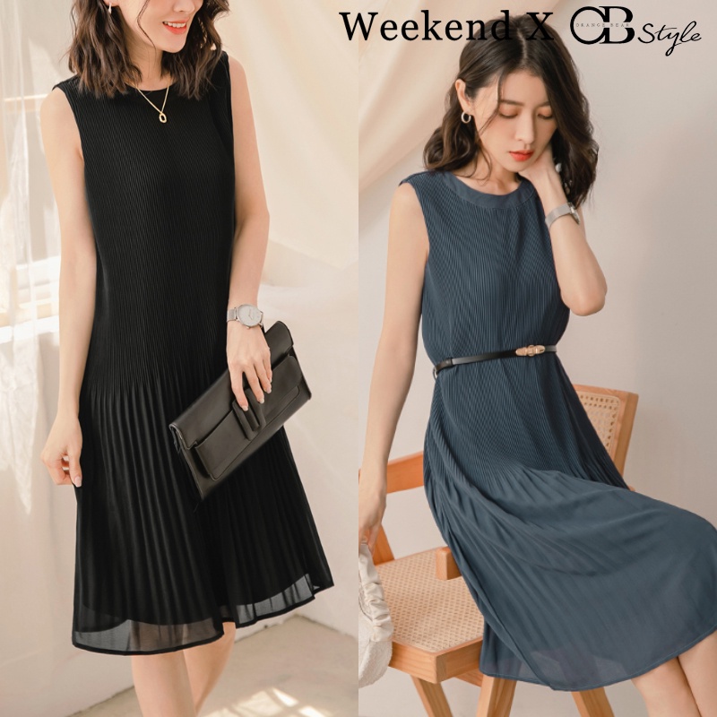 Weekend X Ob Design Women Sleeveless Chiffon Belt Pleated Midi Summer