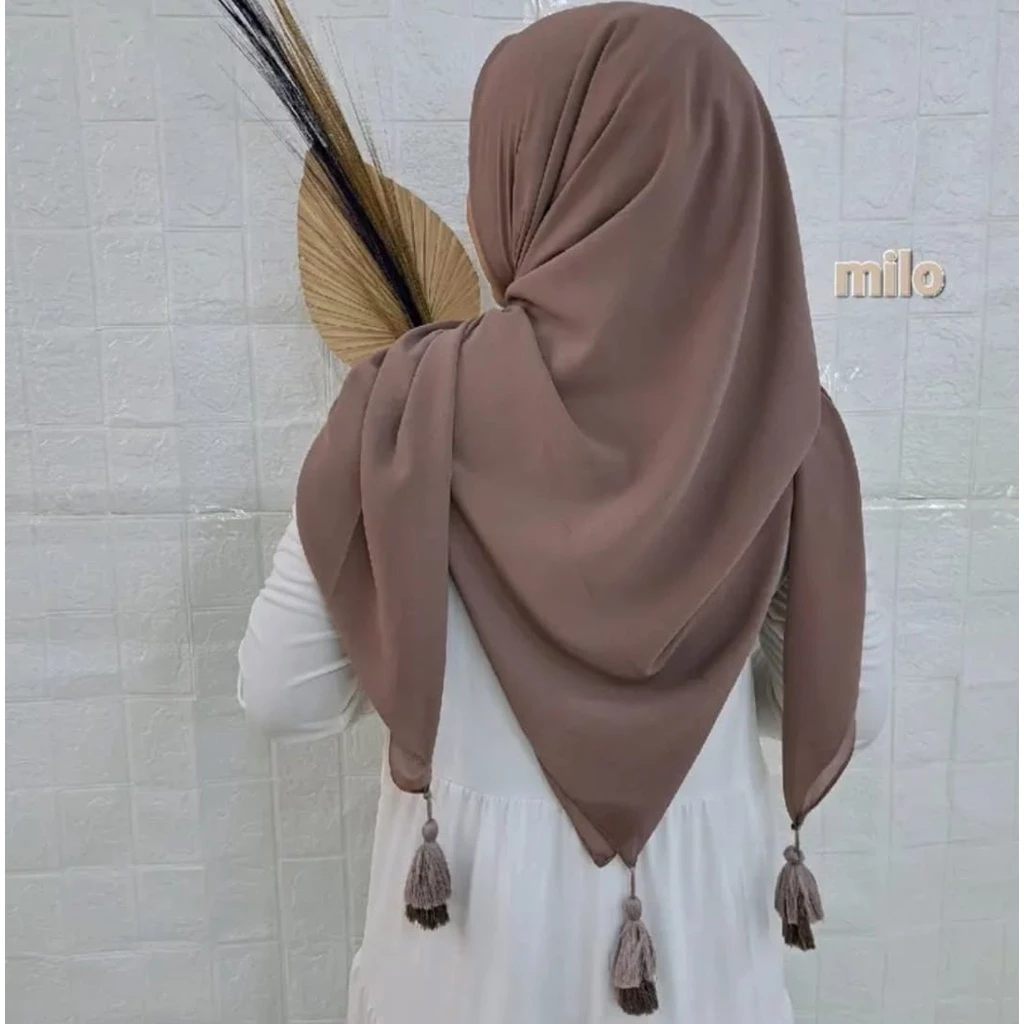 Hijab Paris Jambul Tassel Mutiara premium / Segi Empat Paris Pompom / Jilbab Paris Polos Original Jambul - Gambar 3
