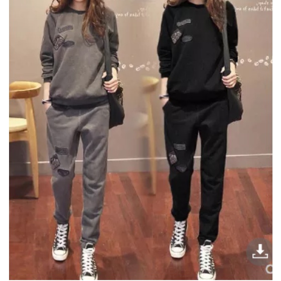 New Women Ladies Casual Sports Suit Large Size Korean Style 2Pcs Set Wear Plus Size Women Round Neck Long Sleeve Sweatshirt + Long Pants Two-piece Set Fashion
