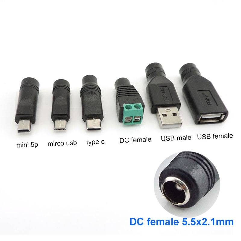 USB Mini 5pin A Male Female Mirco Type C to dc female Connector 5.5x2 ...