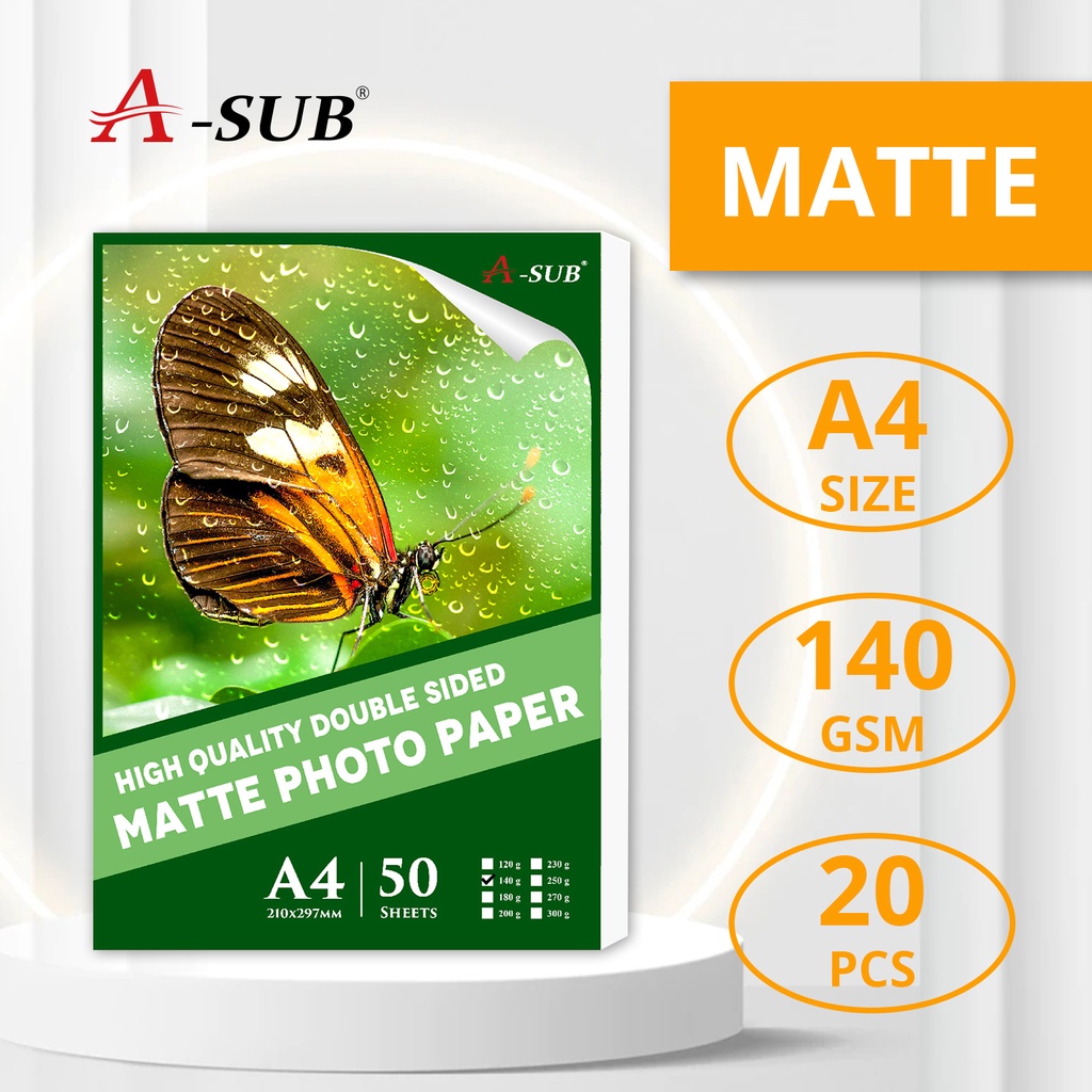 【Double Matte 140gsm】ASUB A4 Fast Dry Photo Paper 140gsm 20pcs Inkjet