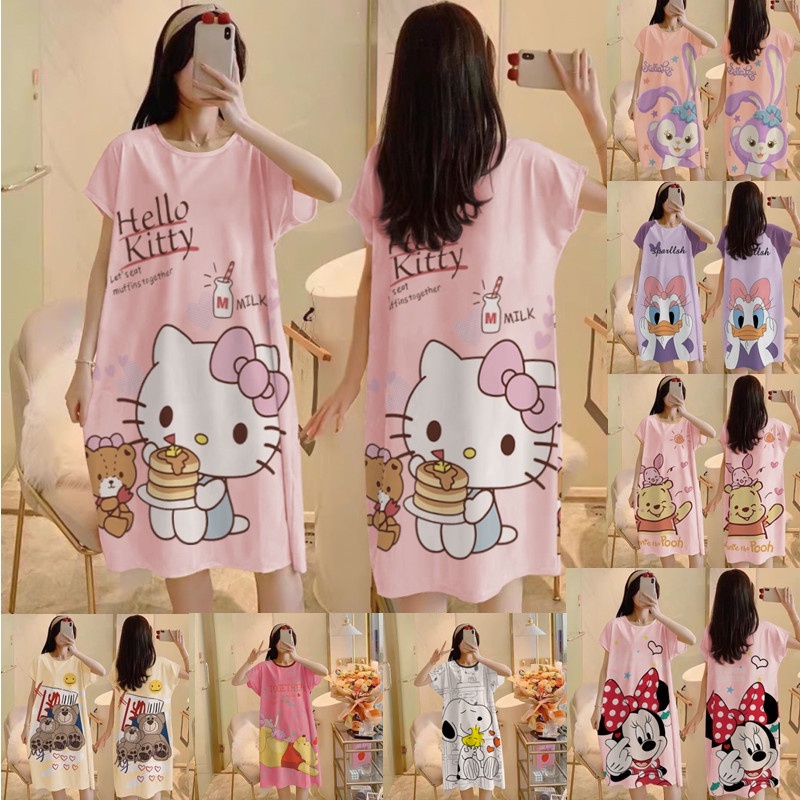 Nightdress Summer Thin Cartoon Women Pyjamas milk silk home service Plus Size Short Sleeve Long Dress Sleepwear Baju Tidur Pajamas to Can Wear Outdoors
