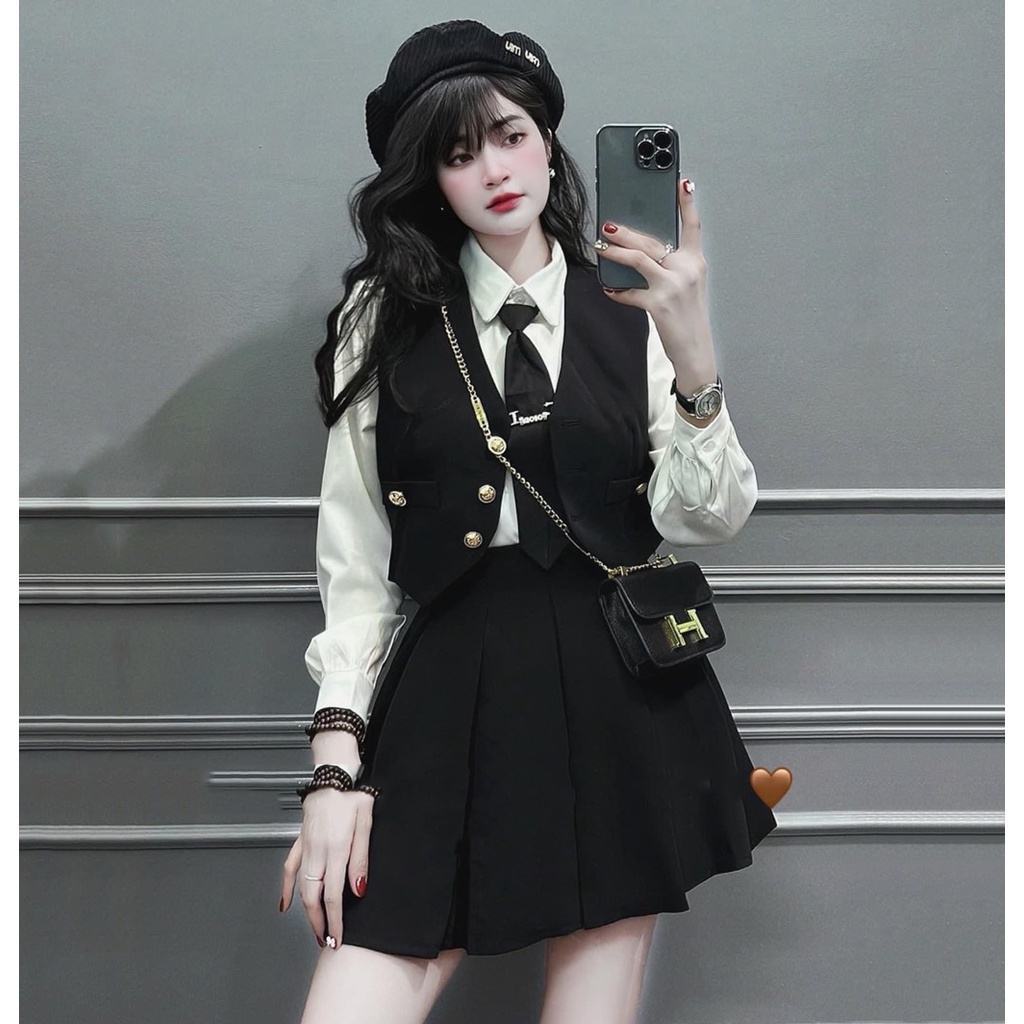 Luxurious 3 Piece Women'S Clothing Set Includes A Shirt With A Vest, Tie And Pleated Skirt AS87