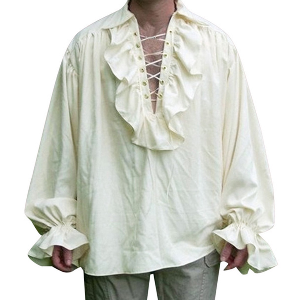 Mens Renaissance Costume Ruffled Long Sleeve Lace Up Medieval Steampunk ...