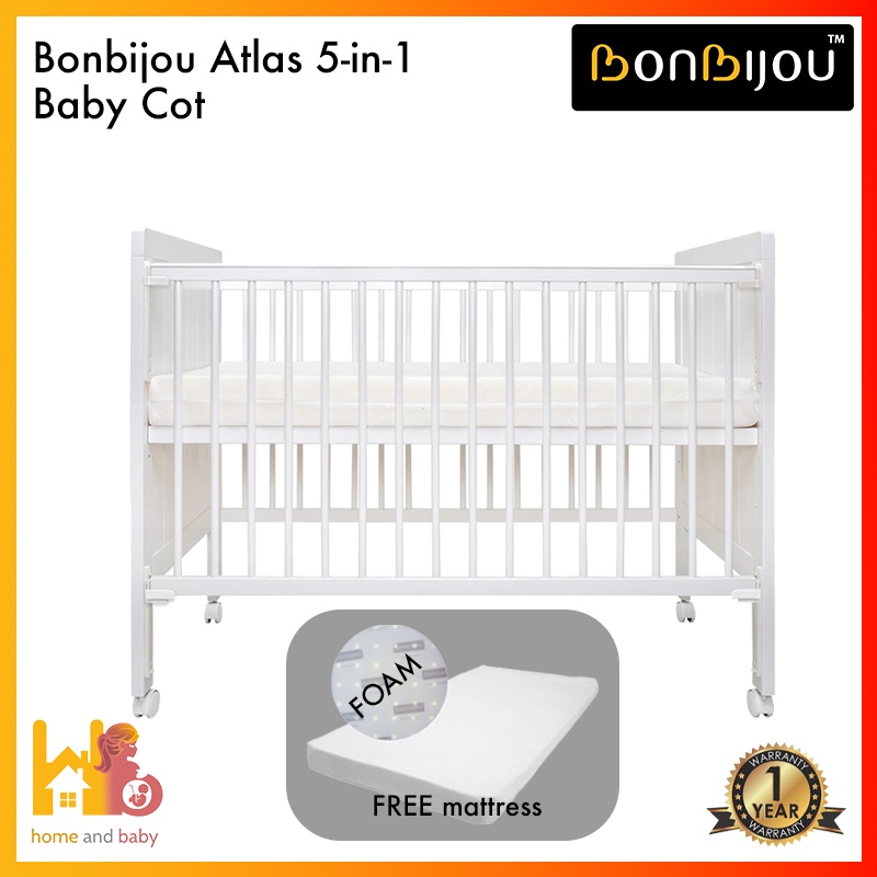 Bonbijou Atlas 5in1 Baby Cot(FREE 4'' Anti Dust Mite High Density