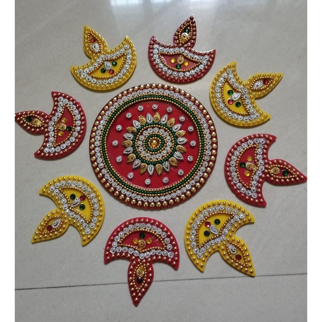 Acrylic Rangoli -Red and yellow Colour -9 pieces set/decorations for ...