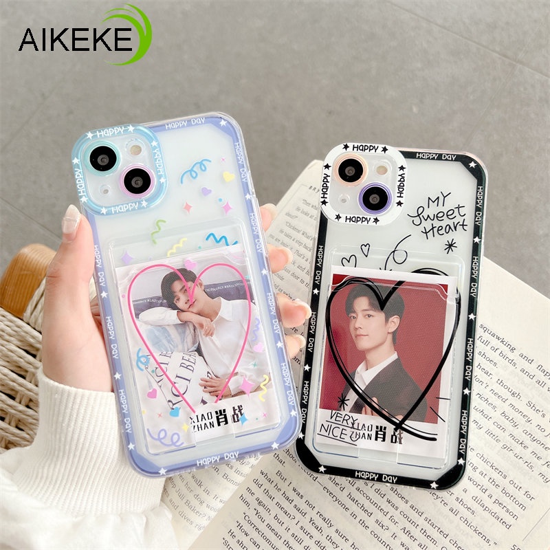 Card Holder Phone Case Compatible For IPhone 14 Plus 13 12 11 Pro Max X Xs XR 8 7 Plus Casing Simple Black Pink Love Heart Soft TPU Clear With Wallet Card Holder Back Cover