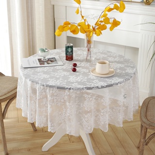 59 Inch Round White Lace Tablecloth, Elegant Table Cover for