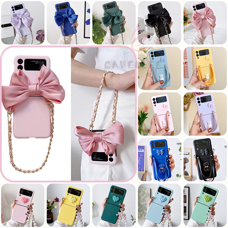 3D Bow Card Bag Wallet Crossbody Lanyard Necklace Casing Samsung Galaxy Z Flip 4 Z Flip 3 Z Flip 4 Strap Anti-knock Shockproof Protective Samsung Z Flip 4 Z Flip 3 Phone Case