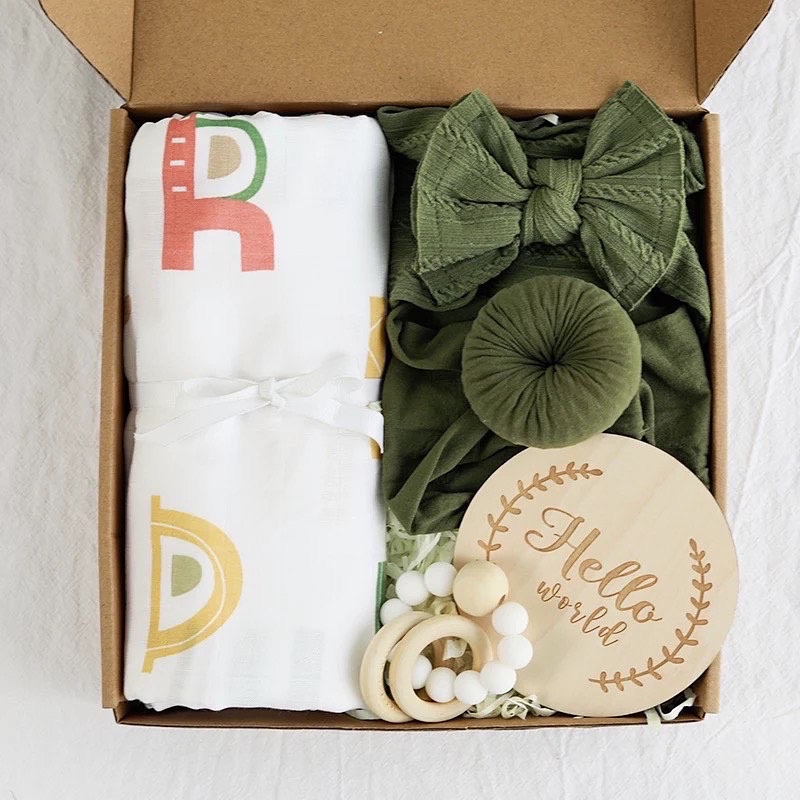 Newborn baby girl gift set box with headbands, swaddle and teether ...