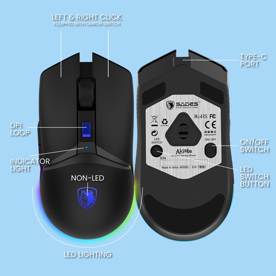 Sades Akimbo Wireless Gaming Mouse RGB Dual Mode - Gambar 3