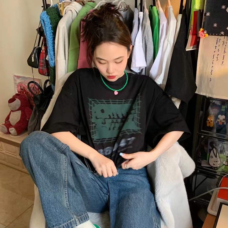Tshirt American Retro Print Summer Short Sleeve Women's T-shirt Fashion Round Neck Unisex Couple Student T Shirt Plus Size Loose Tee Top Clothing