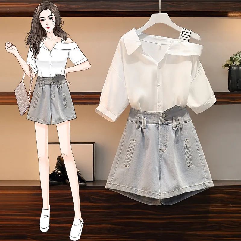 Plus Size Women's Clothing 100kg Fat Sister Suit Women Western Style Off-The-Shoulder Top Loose Jeans Two-Piece Trendy