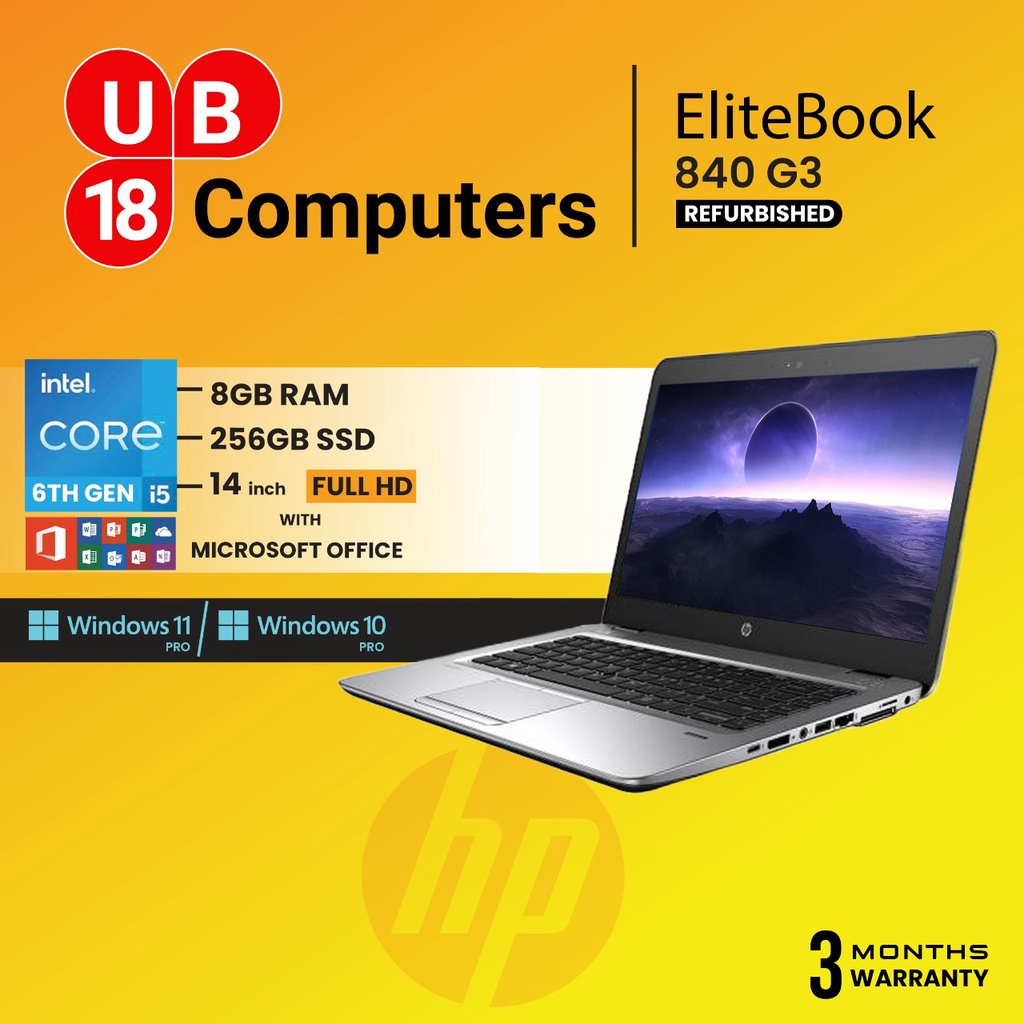 Hp Elitebook 840 G3,  Core i5 6th Gen, Windows 10/11 PRO , MS Office Package,(Refurbished)