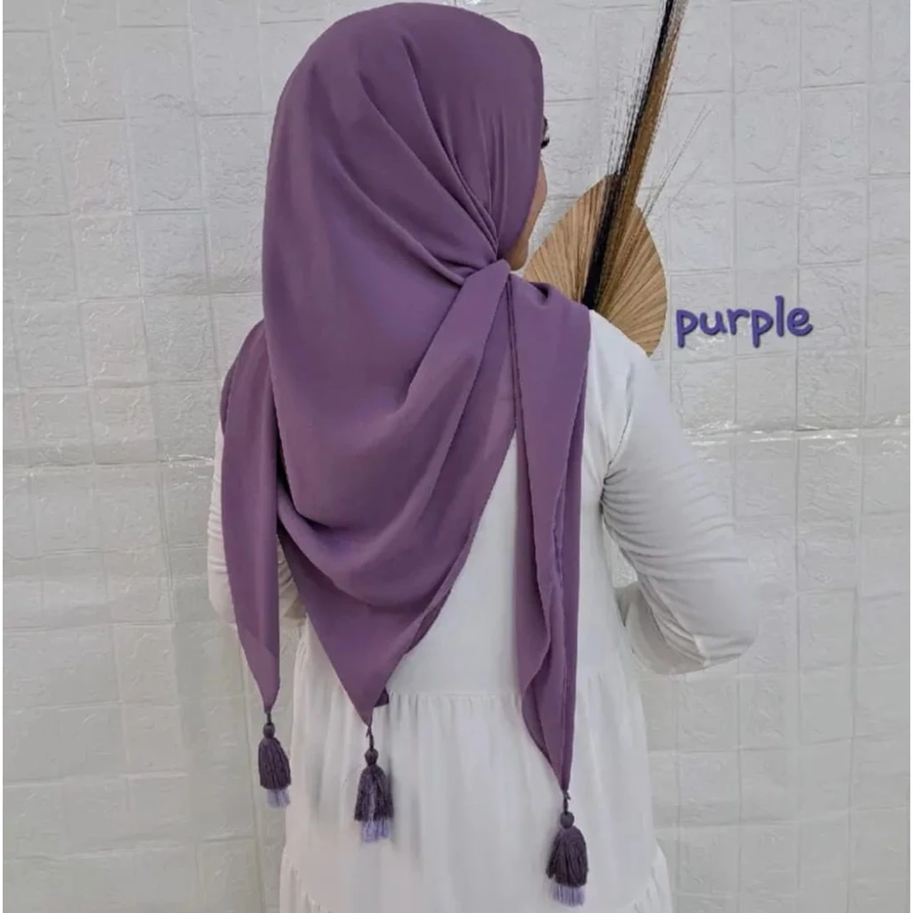 Hijab Paris Jambul Tassel Mutiara premium / Segi Empat Paris Pompom / Jilbab Paris Polos Original Jambul - Gambar 2
