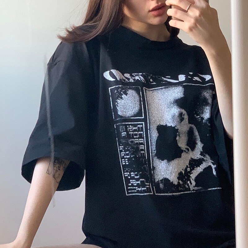 Goth Vintage T-shirt Women Black Cotton Urban Style Hip Hop Summer Short Sleeve Y2k Top Harajuku Gothic Graphic Aesthetic Clothing AFWI
