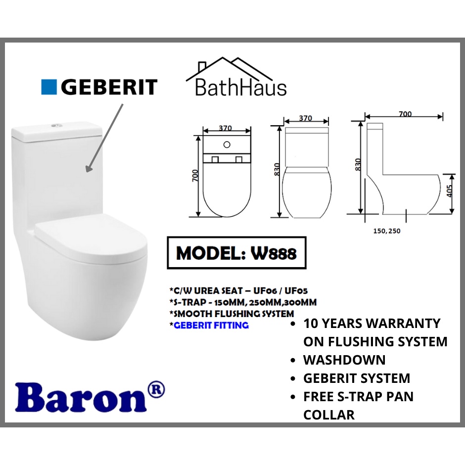 Baron W888 1Piece Toilet Bowl (Geberit Flushing System) Shopee Singapore