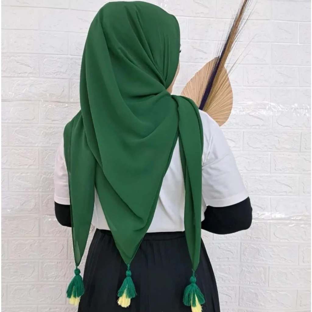 Hijab Paris Jambul Tassel Mutiara premium / Segi Empat Paris Pompom / Jilbab Paris Polos Original Jambul - Gambar 4