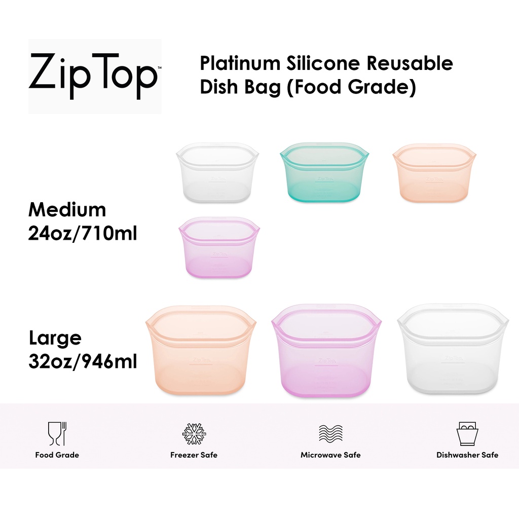 ZipTop Platinum Silicone Reusable Food Grade Dish Bags Made in USA