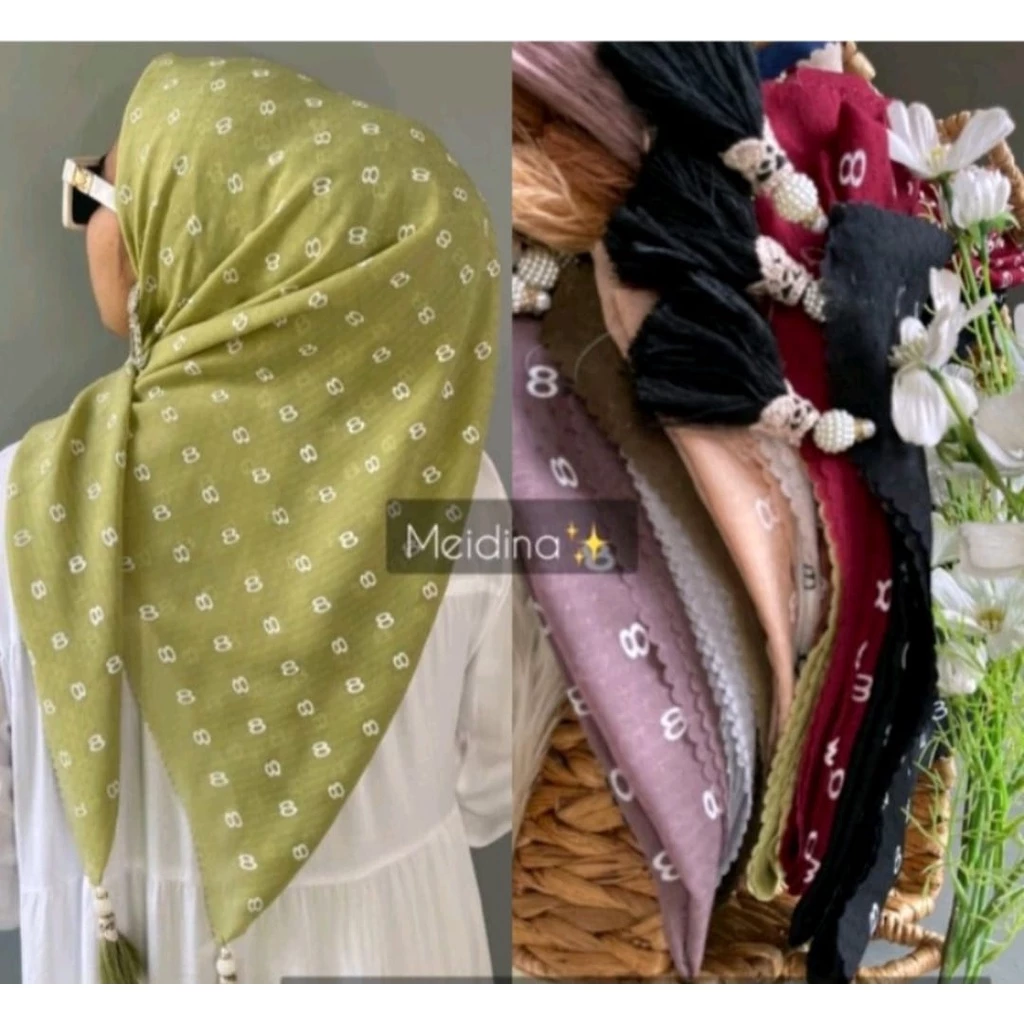 HIJAB SEGI EMPAT MOTIF 8 POMPOM / HIJAB SEGIEMPAT MOTIF 8 VIRAL/ SEGI EMPAT TASSEL MUTIARA