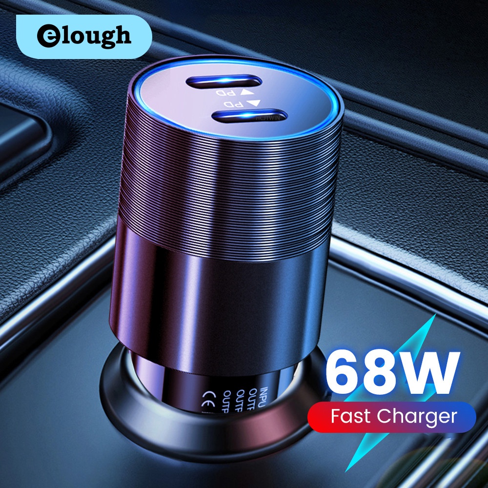 Elough 68W Dual USB Type C Car Charger Metal Auto PD Charger Adapter