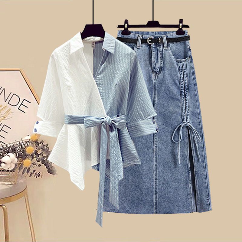 Autumn Suit Women 2023 New Style Plus Size Women's Clothing Sexy Fashion Stitching Shirt Denim Skirt Two-Piece Trendy