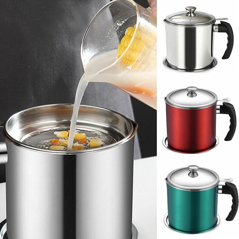 Kitchen Stainless Steel Oil Strainer Pot Bacon Grease Container Jug Storage Can Filter With