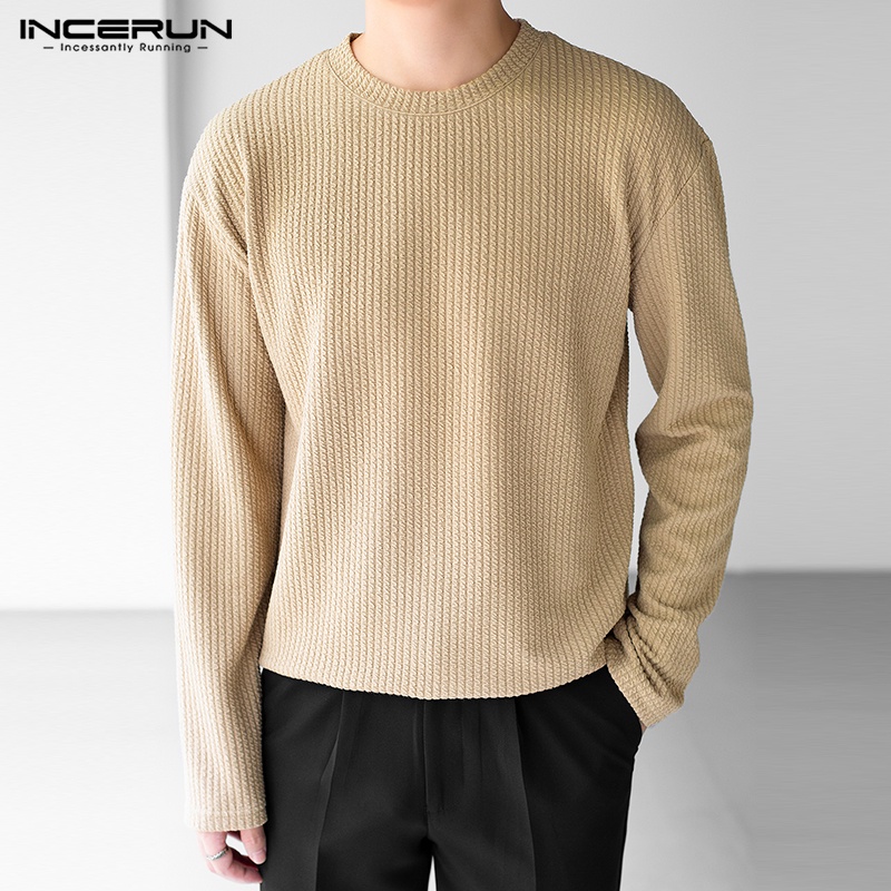 INCERUN Mens Long Sleeve Crew Neck Plain Pullover Loose Sweater T