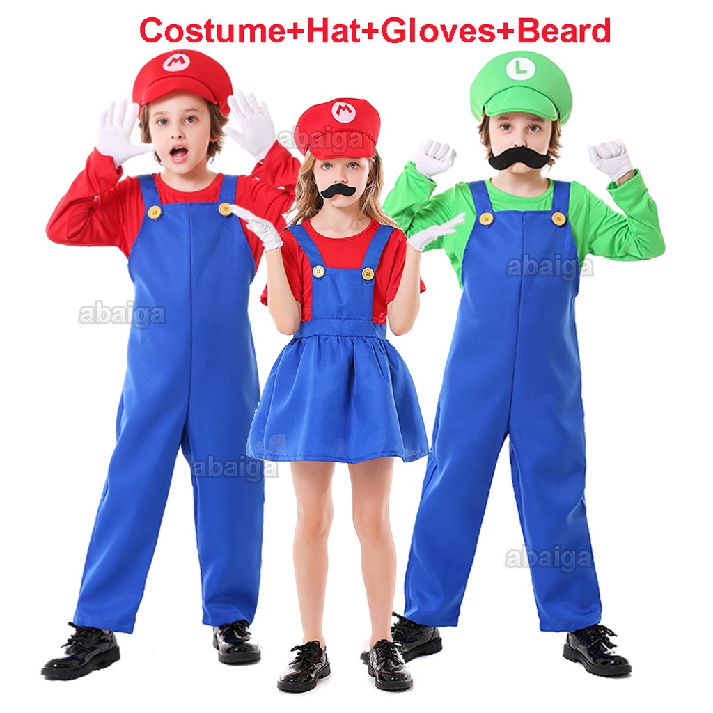 Super Mario Costume for Kids Cosplay Mario Luigi Set Hat Tops Overall