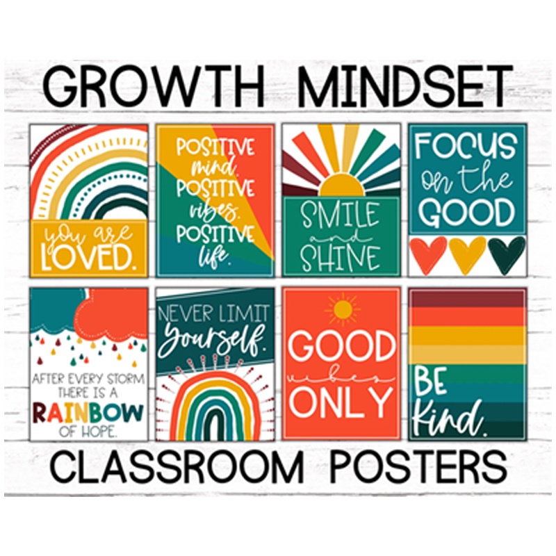 Motivational Quotes Wall Art Featuring 8 Cartoon Designs Growth Mindset ...