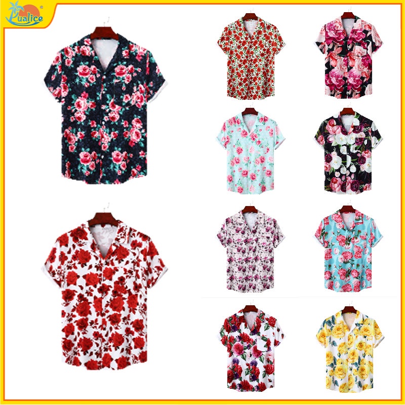 Hawaiian Beach Rose Shirt Summer Fashion Clothing Men's Ice Silk Print Casual Hawaiian Shirt