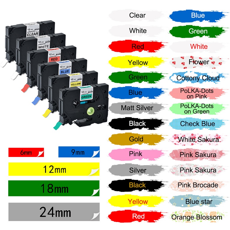 6mm/9mm/12mm/18mm/24mm/36mm Label Tape Compatible Brother Label Tape ...