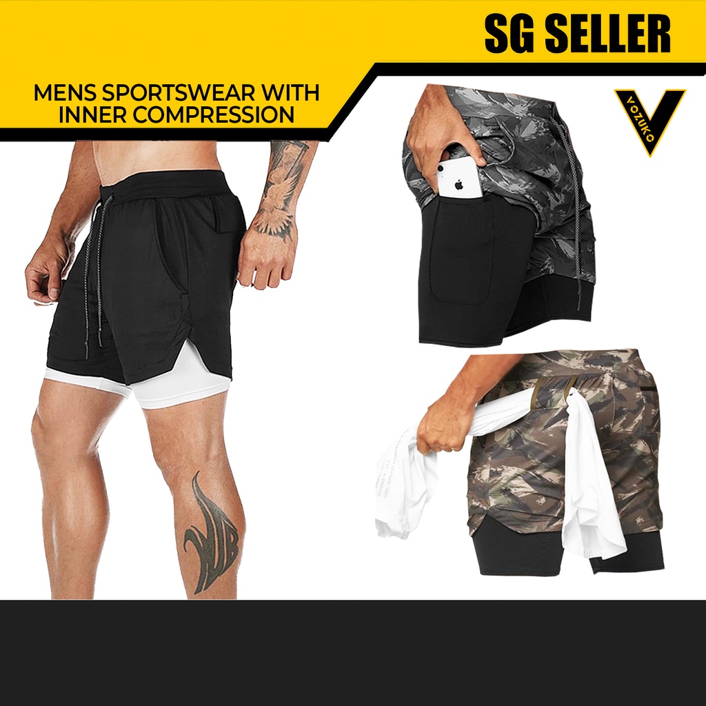 Men's 2 in 1 Running Shorts with Pockets Compression Liner Gym Training  Fitness Workout Short Pants