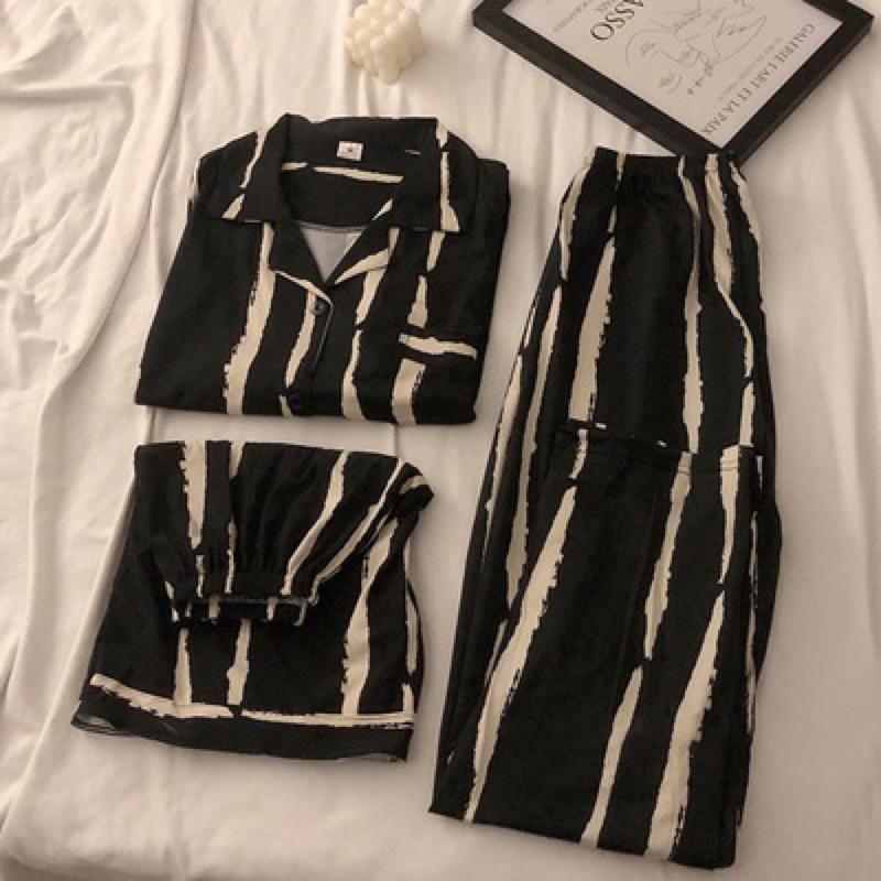 pajamas women's summer short-sleeved striped three-piece cardigan can be worn outside spring and autumn home suit
