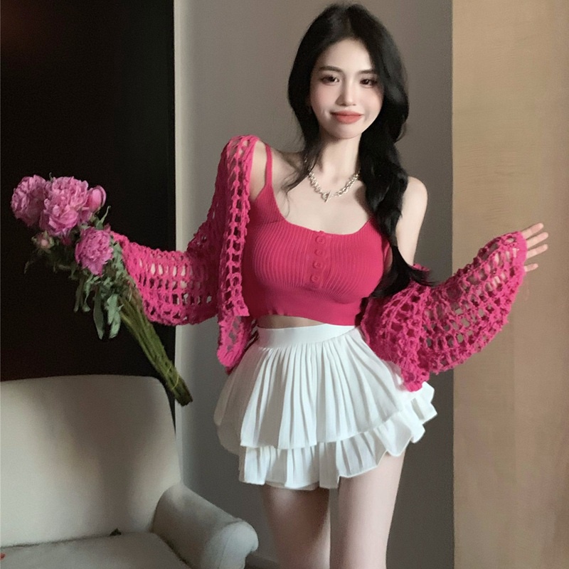 Rose Red Tank Tops Korean Style Casual Slim Halter Neck Camisole Vest