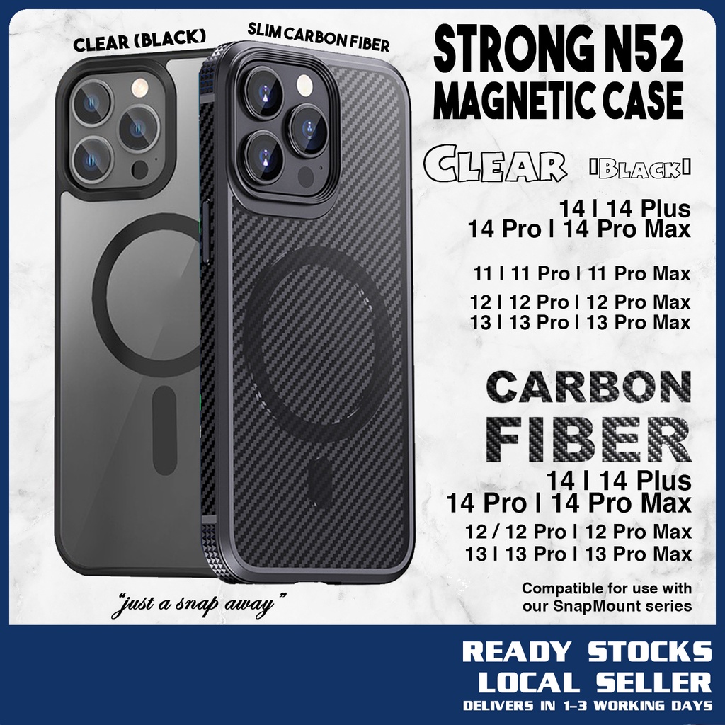 [SG] Clear Black Strong Carbon Fiber Magnetic Case Cover for iPhone 14 13 12 Pro Plus Max
