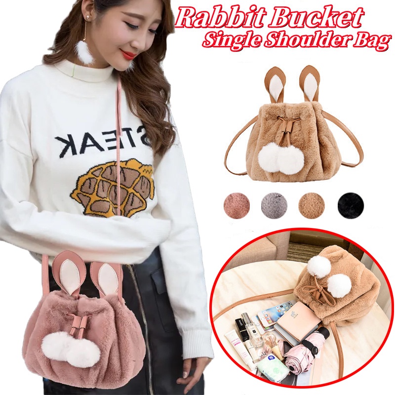 Plush Large Capacity Cute Female Fashion Bucket Bag Soft Cute Cosmetic Storage Bags Rabbit Handbags Outdoor Travel Shoulder Bags