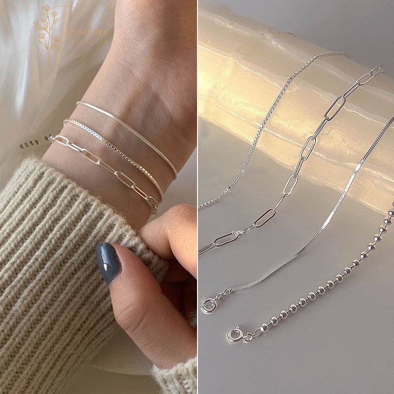 Roselife Geometric S925 Silver Plated Bead Cycle Link Thin Chain Bracelet for Women Girls Minimalist Delicate Wrist Chain Bangle Bracelets Jewelry