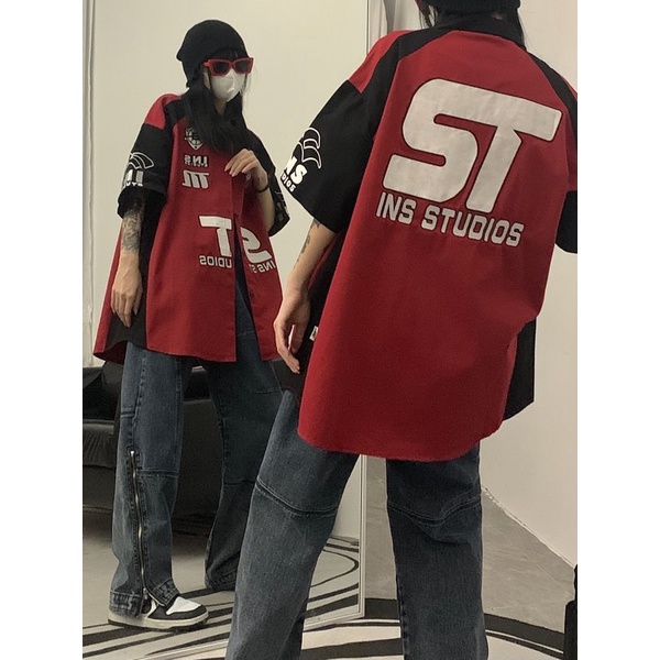 Summer American Street Style Men's Locomotive Culture Design Short Sleeve Lapel Shirts Ins Fashion Tops Vintage Hip Hop Clothing Suitable For Motorcycle Riding