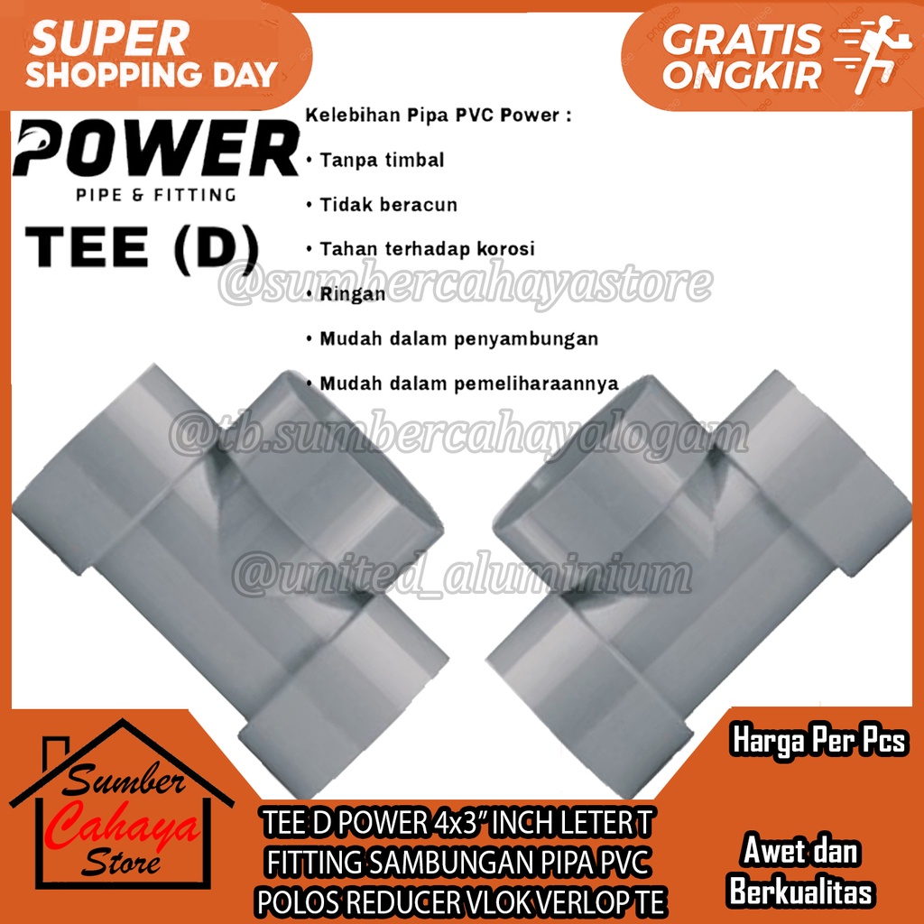 TEE D POWER 4x3+3 INCH LETER T FITTING PLAIN PVC PIPE CONNECTION ...
