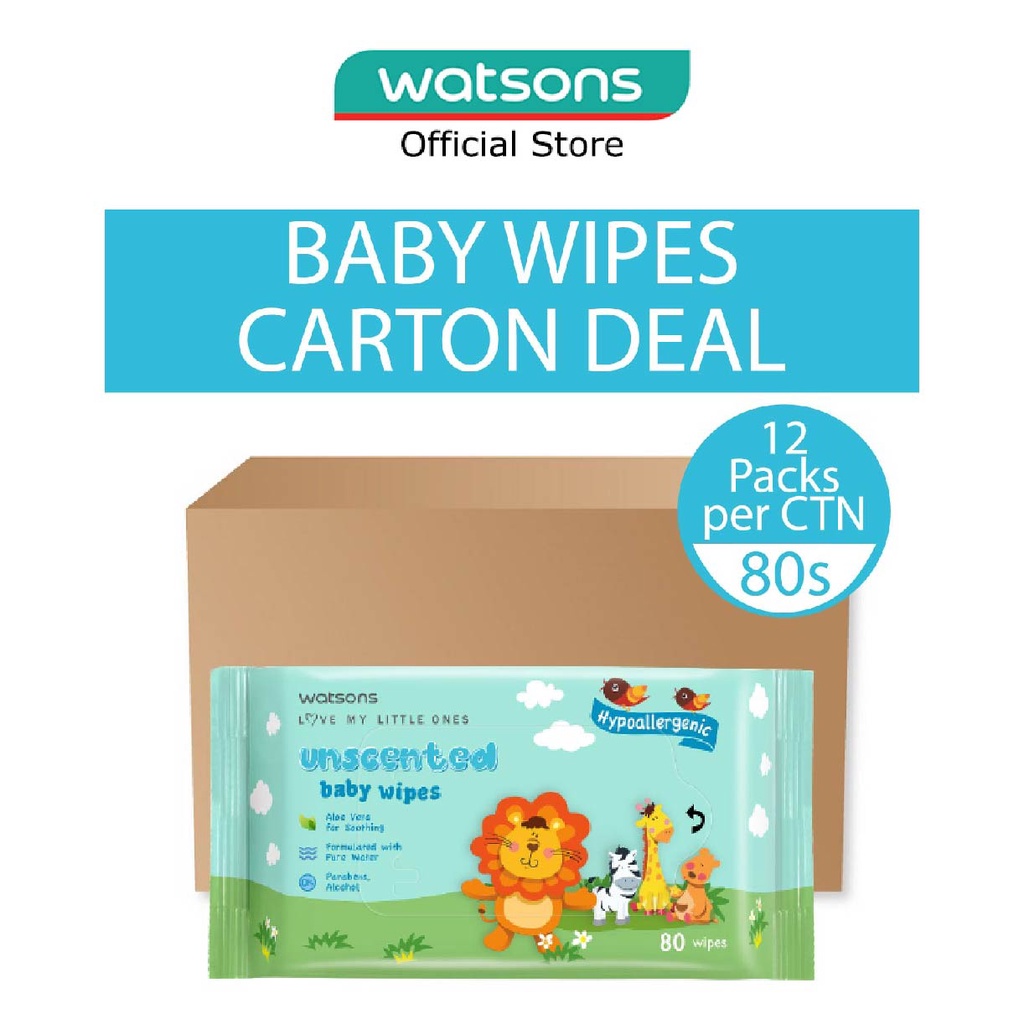 WATSONS Unscented Baby Wipes Hypoallergenic 80s X 12 Packs (per carton