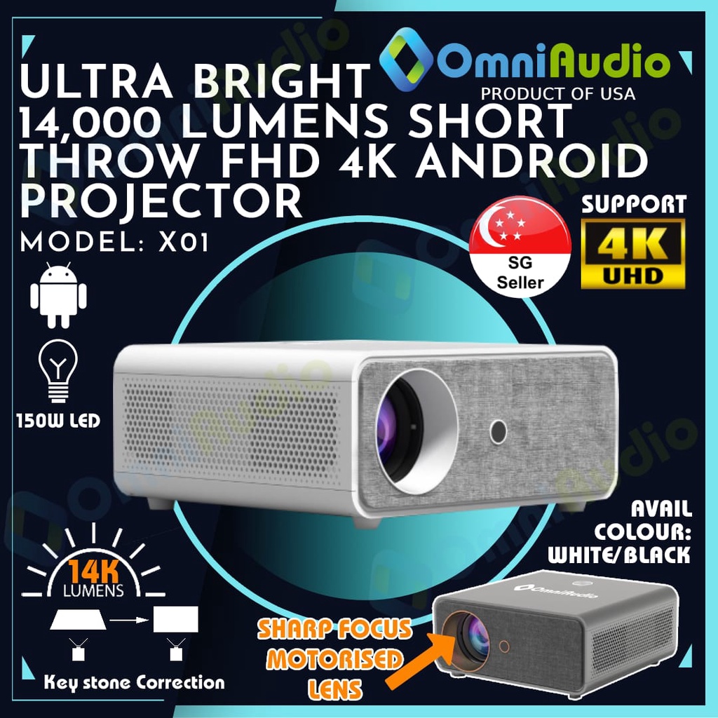 [NEW 2023 BRIGHTEST 14,000 LUMENS] SHORT THROW PROJECTOR OMNIAUDIO