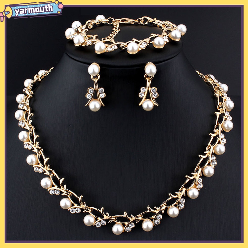 YAR_Elegant Faux Pearl Rhinestone Necklace Earrings Bracelet Bridal Jewelry Gift