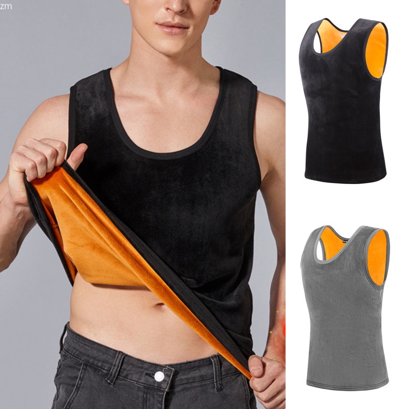 zm) Men's Round Neck Warm Underwear Sleeveless Winter Thermal Top Velvet  Vest Double-Sided Undershirt