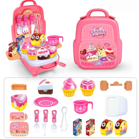 [ SG READY STOCK ] Children Pretend Backpack Toy Sets for Boy & Girl Kitchen Sweets Fast food Toolbox Accessories Gift